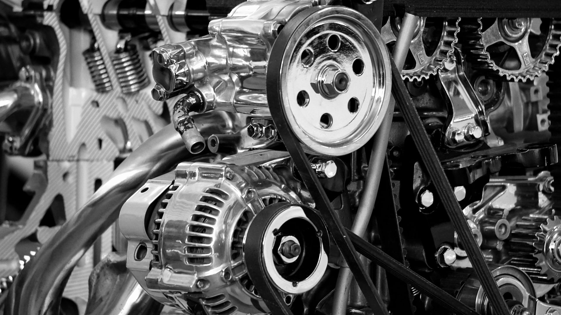 Engine belts and pulleys close-up